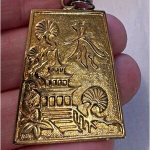 Vintage Chinoiserie Charm Pendant Pagoda Garden Brass Metal Jewelry Charm
